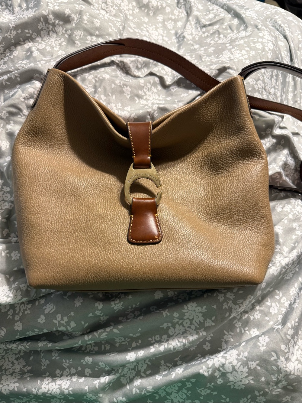 Dooney & Bourke Tan Pebbled Leather Shoulder Bag with Brown Trim